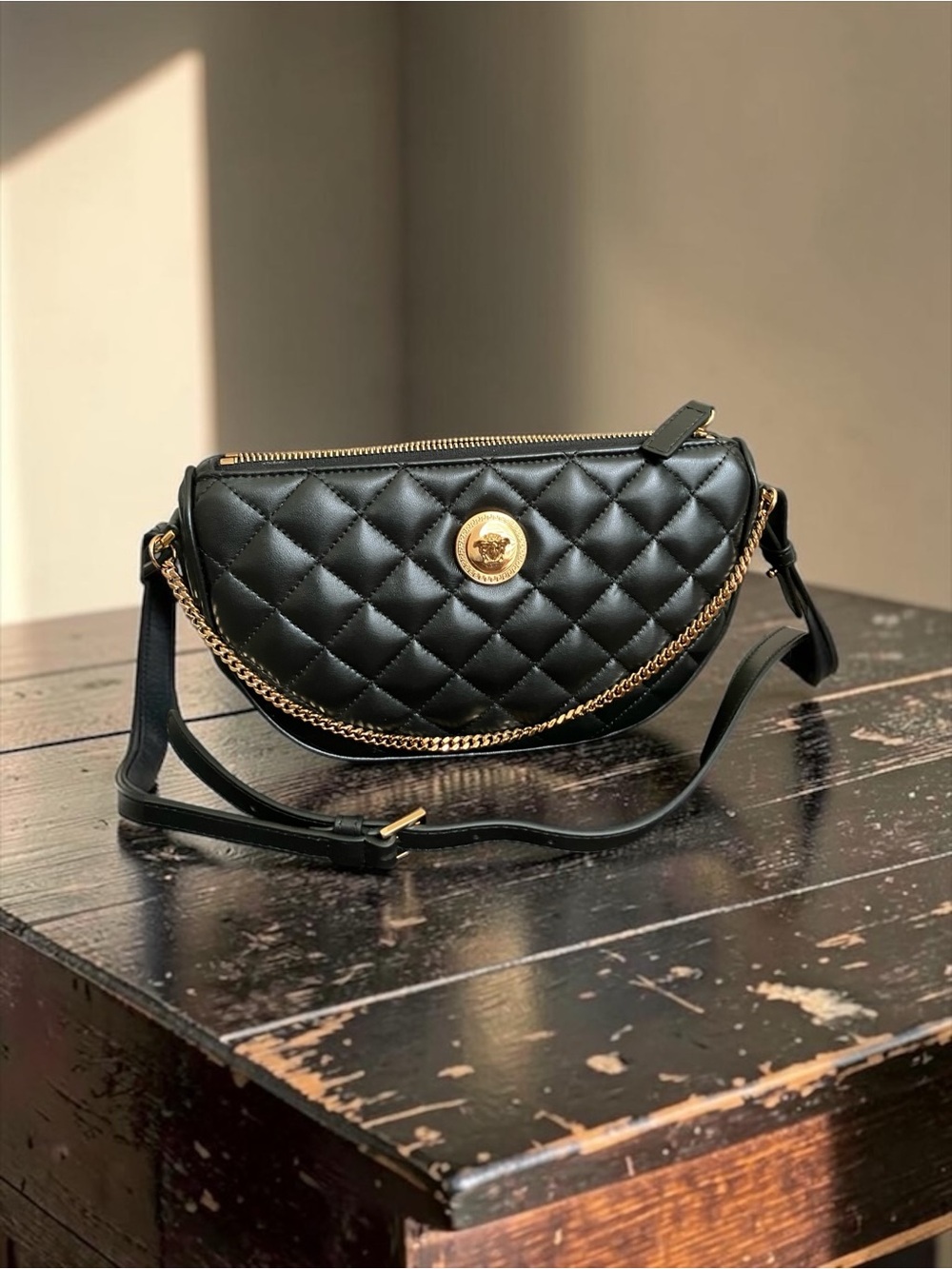 Versace Full Inclusion Black Leather Crossbpdy with Gold-Tone Zip